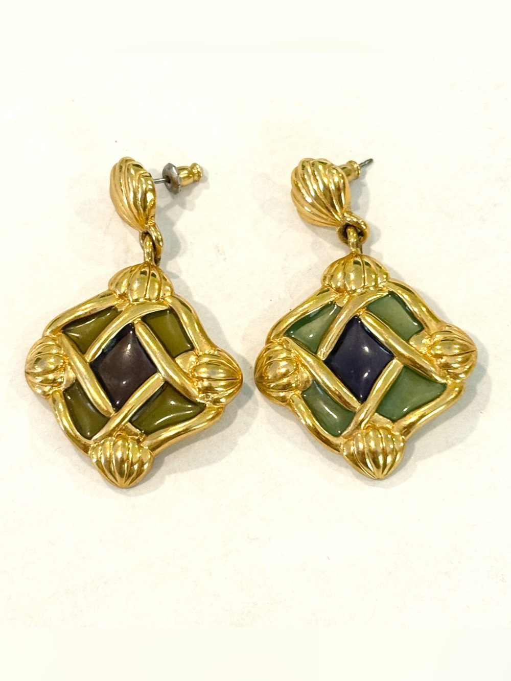 Vintage Trifari Gold Tone Drop Earrings Plique-a-Jour Blue Green 90s Chunky